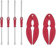 Farberware Seafood Tool Set, Stainless Steel Lobster Crackers and Picks, 6-Piece Set with 4 Dual-Ended Forks and 2 Crackers, Dishwasher Safe, Red