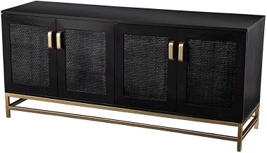 Furnifact Ash Veneer and Rattan TV Stand with 4-Door Cabinet Storage, Contemporary Media Console for Living Room or Family Den