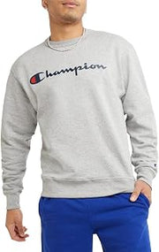 Champion Men’s Powerblend Crewneck Sweatshirt,Classic Script Logo, Platinum Silver Heather - Classic Script Logo, 5X-Large