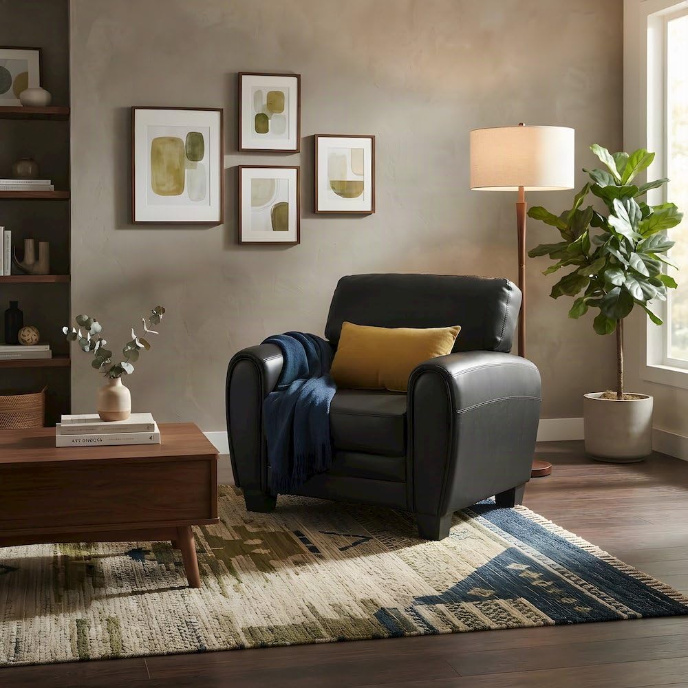 Faux-Leather Upholstered Armchair with Padded Seat and Arms by Starlight Canyon Home – Faux Leather, Black