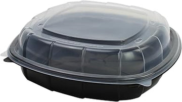 Sabert Hinged Takeout Container,10x10x3", Clear Lid, Square Black Base, Rounded Corners, Spill Proof, Durable, Recyclable, Microwaveable, 148 Count