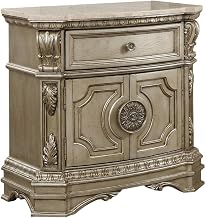 Furnifact Antique Silver Nightstand with Marble Top, Bedroom Storage Table, Durable, Elegant Design, Convenient Drawer, Classic Accent Furniture