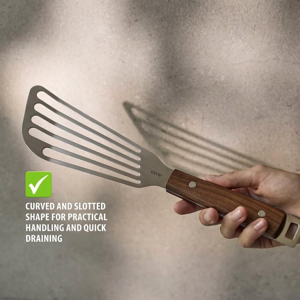 Madero Spatula Flat Kitchen Turner with Stainless Steel Surface and Walnut Wood Handle Flexible by GEFU – Stainless Steel, Brown, Model 15509