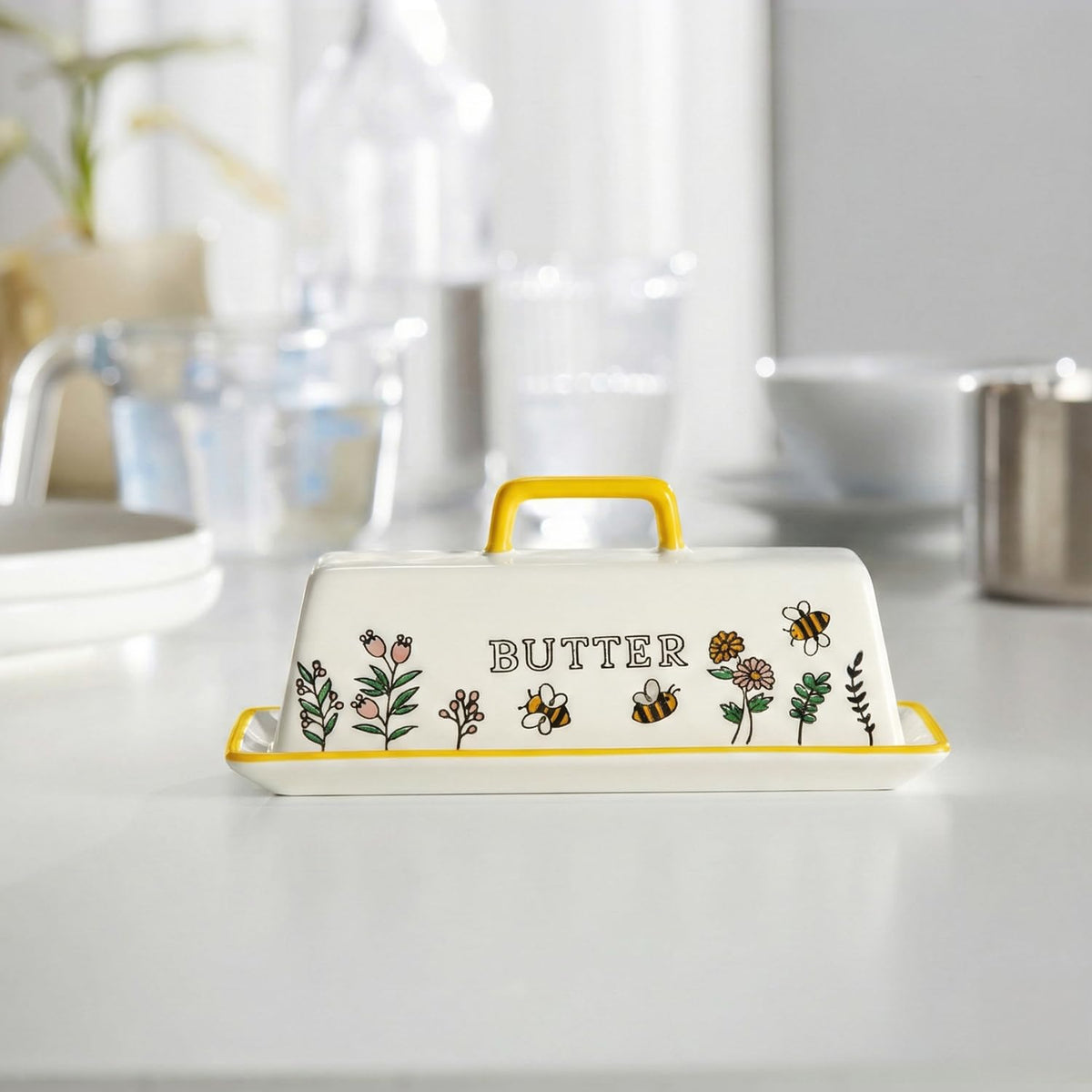 KooK Ceramic Butter Keeper with Lid, Meadow Pattern, Regular Size