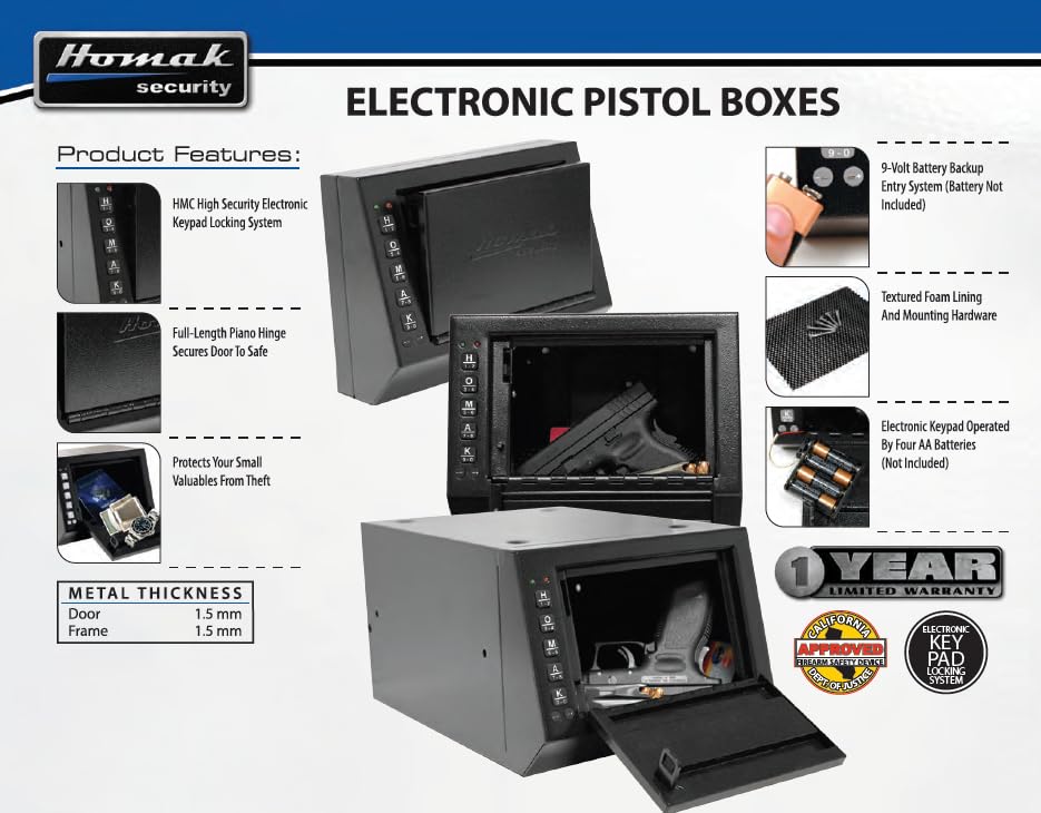 First Watch Electronic Access Pistol Box by Homak – 3.5 Inch, 182.25 cubic_inches, Rugged steel, Flat Black, Model HS10036683