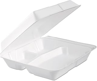DART 95HTPF3R Foam Hinged Lid Container, 3-Comp, 9.3 x 9 1/2 x 3, White, Bag of 100 (Case of 2 Bags)