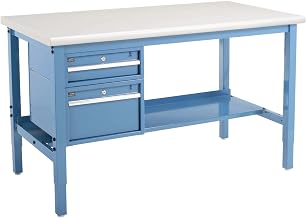 Global Industrial 72"W x 30"D Workbench, 1-5/8" Thick Plastic Laminate Safety Edge with Drawers & Shelf, Blue
