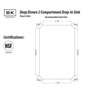 BK Resources NSF Commercial 2 Compartment Drop in Sink – 30 Inches, Stainless Steel, Silver, Model DDI2-14161024