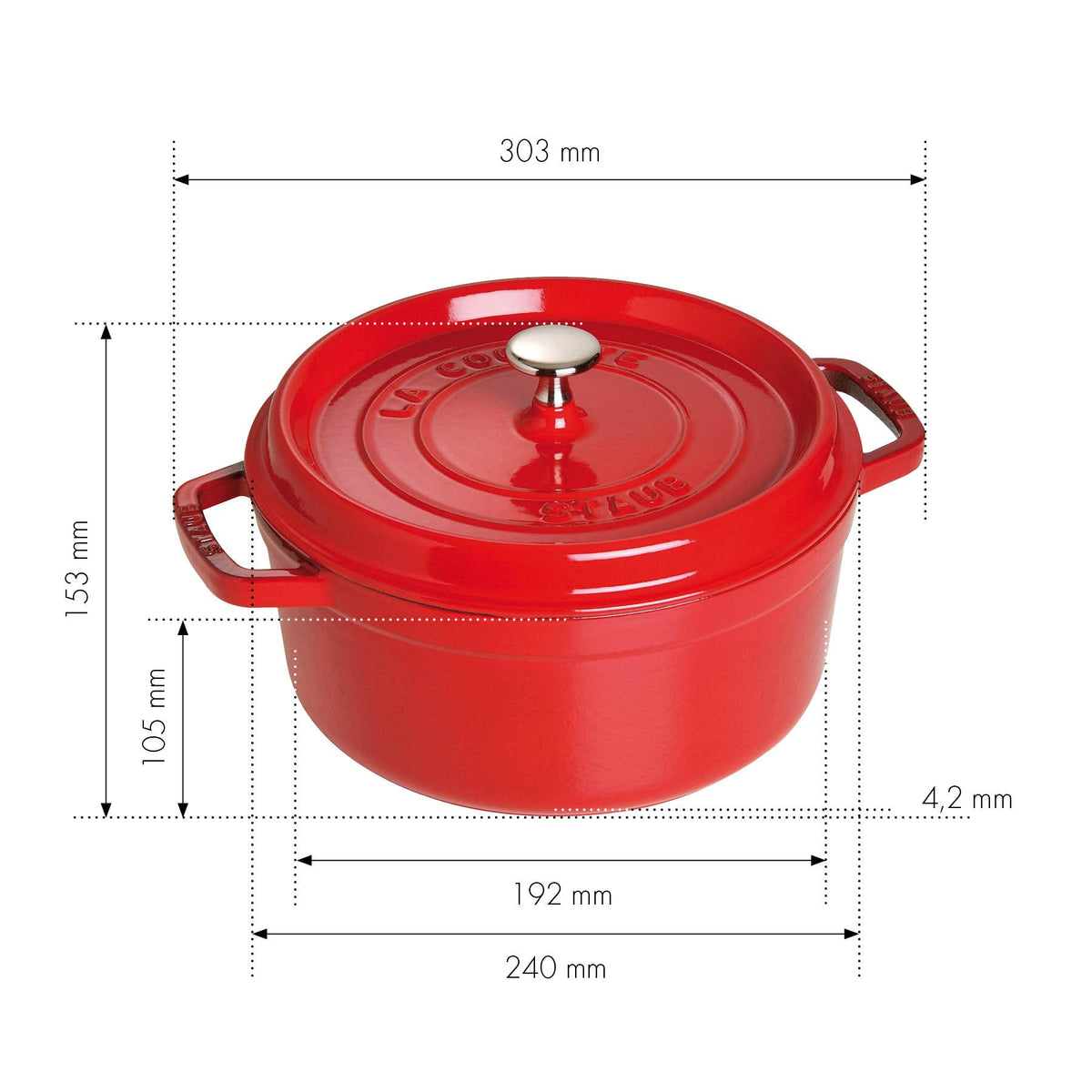 4 Qt. Round Cocotte-cherry Red by STAUB – 24cm, 3.7 liters, Hollow, 03) Cherry, Model 40509-835-0