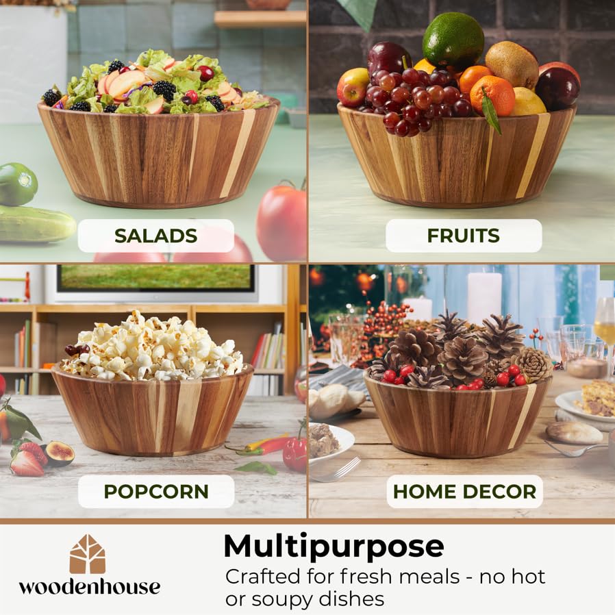 Woodenhouse Wooden Salad Bowl Set, 12 10 8 Inch Round Nesting Bowls, 3 Piece