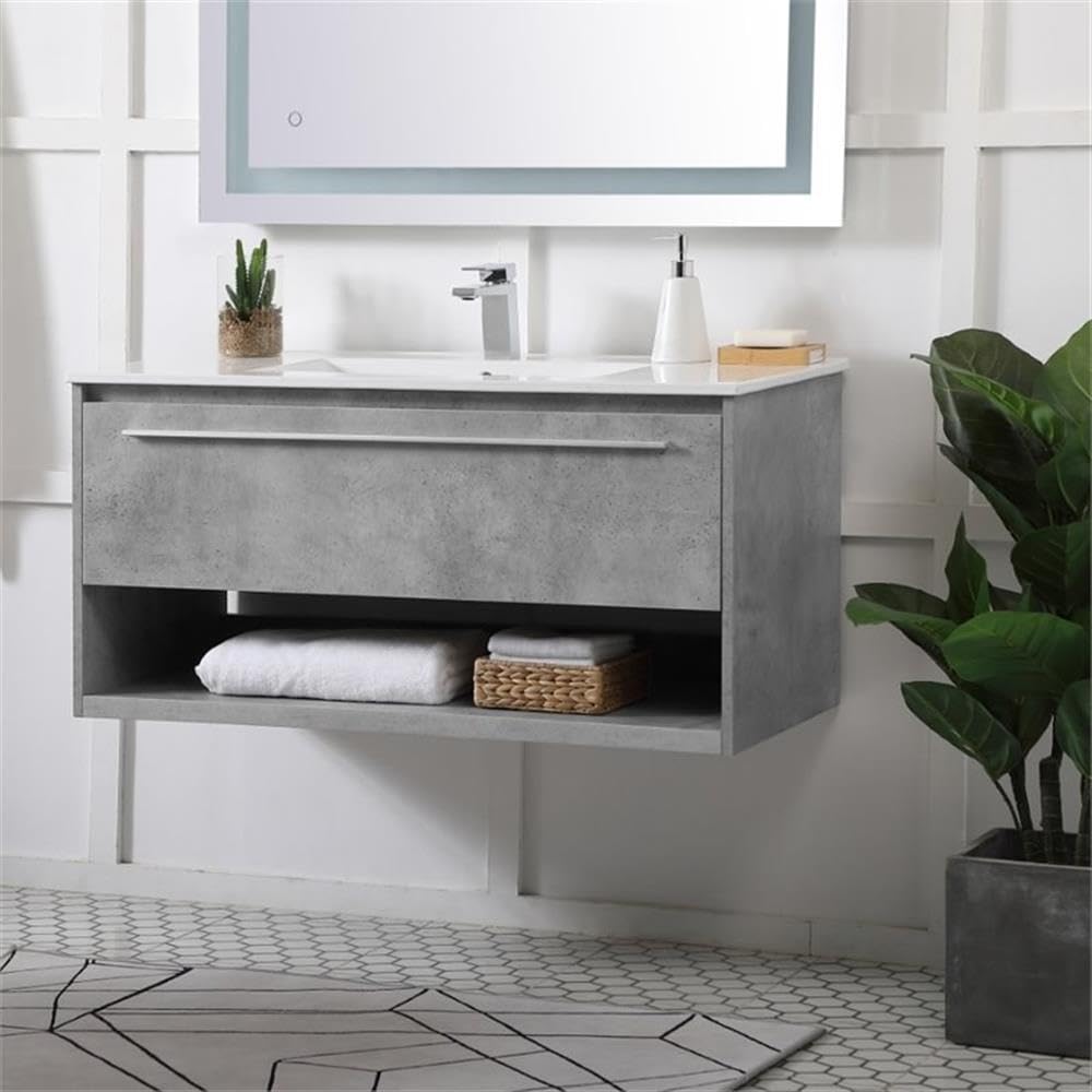 40 Inch Single Bathroom Floating Vanity in Concrete Grey by Elegant Decor – 42" - Single, Engineered Wood, Grey, Model VF43040CG
