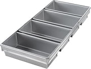 Chicago Metallic Bread Pan Set, 4-pan, 10-23/32" x 23-7/8" x 3" overall | 4-pan, 10-23/32" x 23-7/8" x 3" overall, (4) 10" x 5" strapped pans, wire in rim, band over wire, folded construction