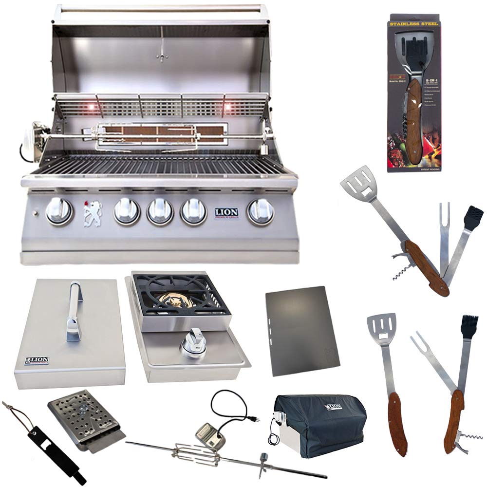32-Inch Propane Grill with Single Side Burner and 5 in 1 BBQ Tool Set Best of Backyard Gourmet Package Deal by Lion Premium Grills – Stainless Steel, Model L75000