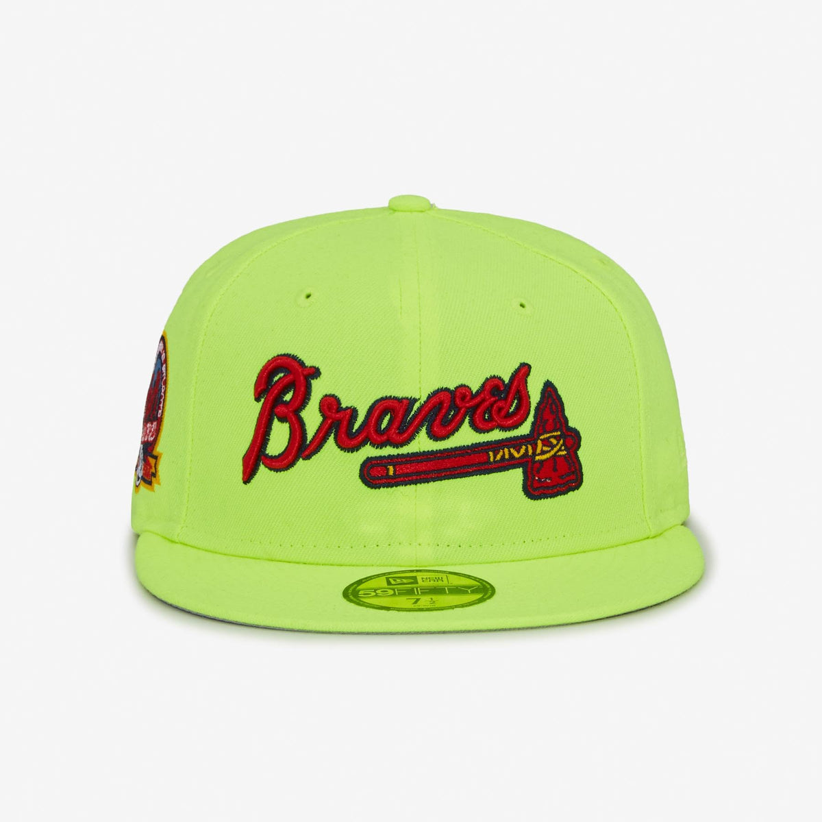 Hat Atlanta Braves 59FIFTY Fitted Hat Exclusive 40th Year Side Patch Men's Fitted Hat Rare Embroidered Graphics Neon Yellow by New Era – Polyester, Neon Yellow