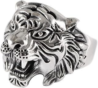 S925 Silver Men's Open Tiger Head Ring,Retro Thai Silver King of Beasts Domineering Tiger Open Adjustable Ring