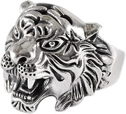 S925 Silver Men's Open Tiger Head Ring,Retro Thai Silver King of Beasts Domineering Tiger Open Adjustable Ring,Silver,10