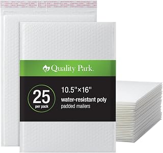 Quality Park Large Bubble Mailers, 10.5 x 16 Inch, White Poly Mailers, Padded Envelopes, Water Resistant, Self Seal Closure, 25 Per Box (QUA85925)