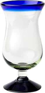 10 Strawberry Street Cobalt Rim Hurricane Handblown Mexican Glass, Set of 6