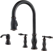 Pfister Hanover Kitchen Sink Faucet with Pull Down Sprayer and Soap Dispenser, 2-Handle High Arc Design, 4-Hole Installation, Tuscan Bronze Finish for Kitchen Sink F5314HNY