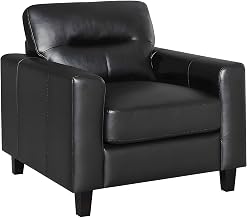 Furnifact Faux Leather-Upholstered Track Arm Accent Chair, Transitional Comfy Reading Chair for Living Room or Bedroom, Black