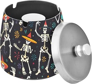 Day Of The Dead Dancing Skeleton Splash Ashtray with Lid, Outdoor Ashtrays for Patio