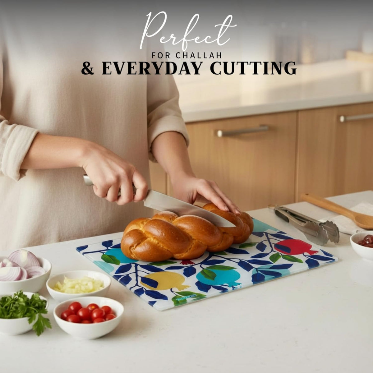 SURI Tempered Glass Challah Board, Large Cutting Tray, Pomegranate & Blue