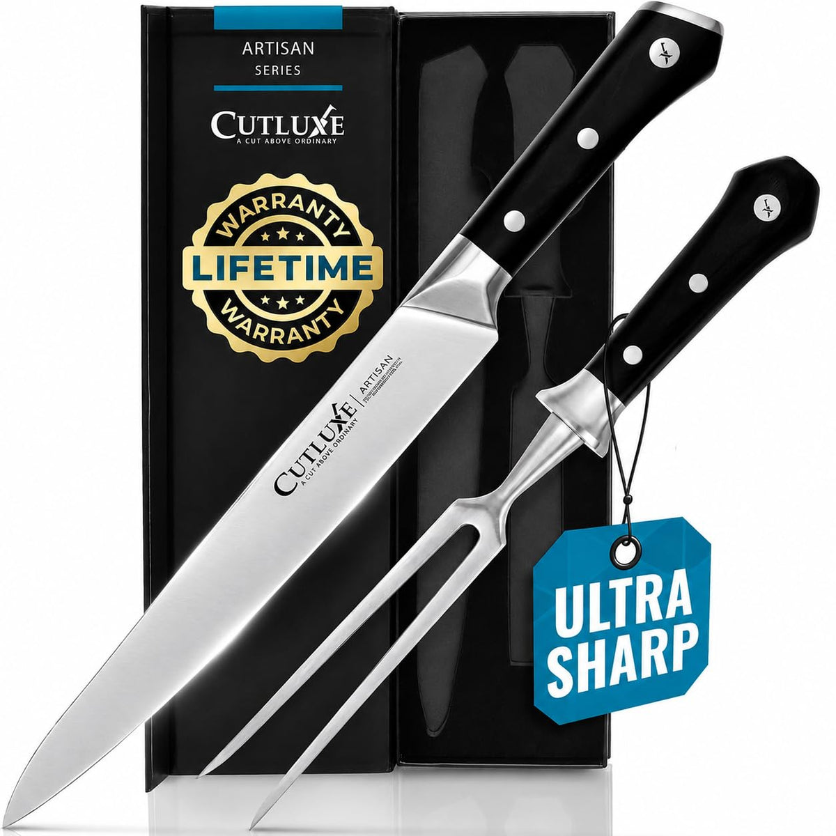 Cutluxe Carving Knife and Fork Set, 9 Inch Knife with 6 Inch Fork, Silver