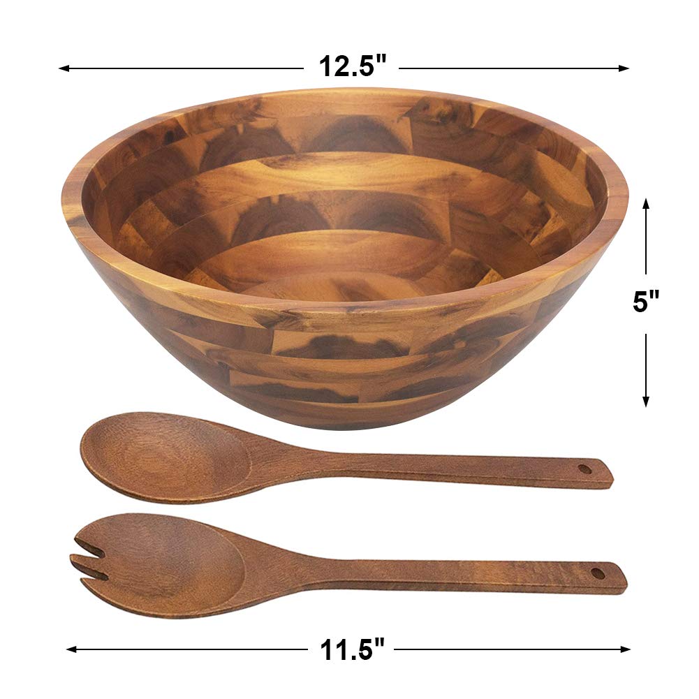 Aidea Wooden Salad Bowl Set, 12.5 Inch Acacia Wood, with Servers, Brown