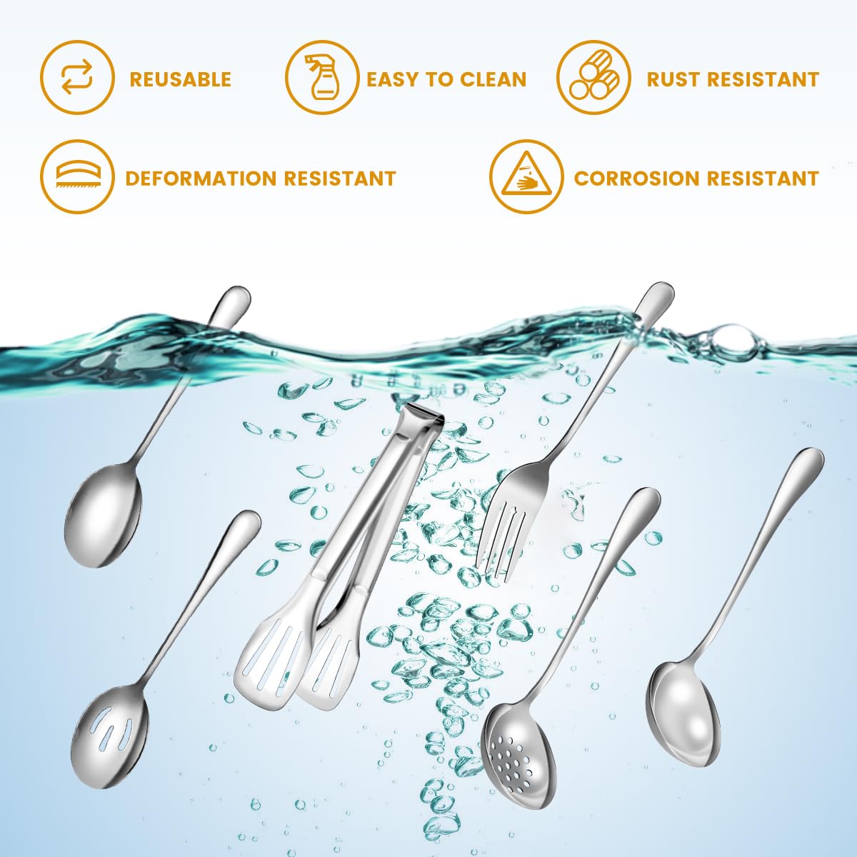 LifeMusican Serving Utensils Set, Large Stainless Steel, Silver 15 Pieces