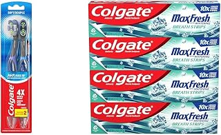Colgate 360 Floss Tip Battery Powered Toothbrush, Sonic Toothbrush with Soft Bristles & Max Fresh Whitening Toothpaste with Mini Strips, Clean Mint Toothpaste for Bad Breath