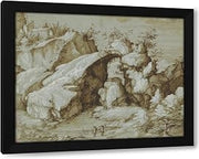 Gherardo Cibo 24x20 Black Modern Framed Art Print Titled: Rocky Landscape with a Natural Arch (C. 1575)