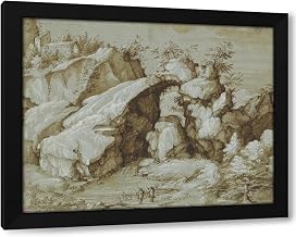 Gherardo Cibo 24x20 Black Modern Framed Art Print Titled: Rocky Landscape with a Natural Arch (C. 1575)