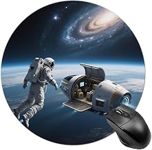 Spaceman Flying Mouse Pad with Non-Slip Rubber Base for Office Home | 7.8 X 7.8 Inch, Round Gaming Mouse Mat for Computer, Laptop, Small Portable Travel Mousepad, Cute Desk Accessories
