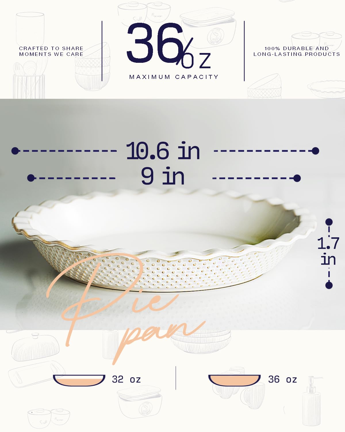 Getstar Ceramic Pie Pan Set, 9 Inch Deep Dish, Embossed Stripes and Dots