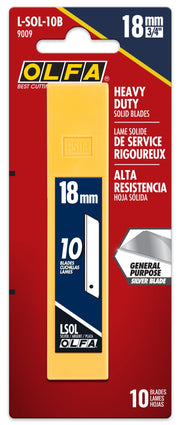 18mm Solid Utility Knife Blades (L-SOL-10B) - 10 Blades by OLFA – 18 millimeters, Alloy Steel, Silver, Model 9009