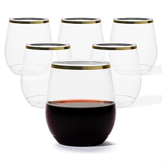 TOSSWARE POP 14oz Stemless Gold Rim Wine Glass Set of 48, Premium Quality, Recyclable, Unbreakable & Crystal Clear Plastic Wine Glasses