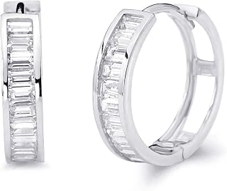 14k REAL Yellow OR White Gold 4mm Thickness CZ Channel Set Hoop Huggie Earrings (15 x 15 mm)