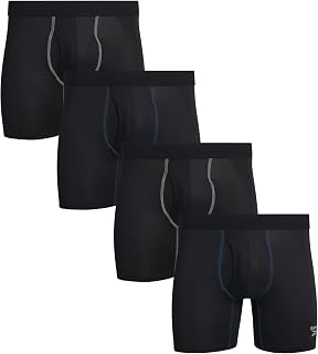 Reebok Mens Boxer Briefs - 4 Pack Stretch Performance Boxers for Men with Functional Fly, 6" Inseam Mens Underwear Boxers, Size Small, Black/Black/Black/Black