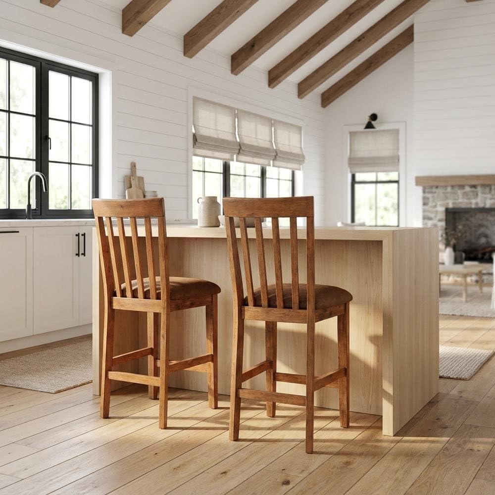 Light Brown Slatback Barstool Set by Starlight Canyon Home – Solid Wood, Mindi, Sinkai, Brown, Pack of 2