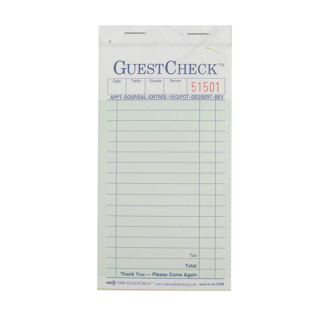 National Checking Company Carbonless Guest Check Paper - 2 Part Green by NCCO – Pack of 2500, Model A7000