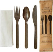 PacknWood 210CVPL417CO 7 in. Compostable Coffee Ground 4-1 Cutlery Kit with Kraft Bag of Knife Fork Spoon & Napkin - 500 Piece