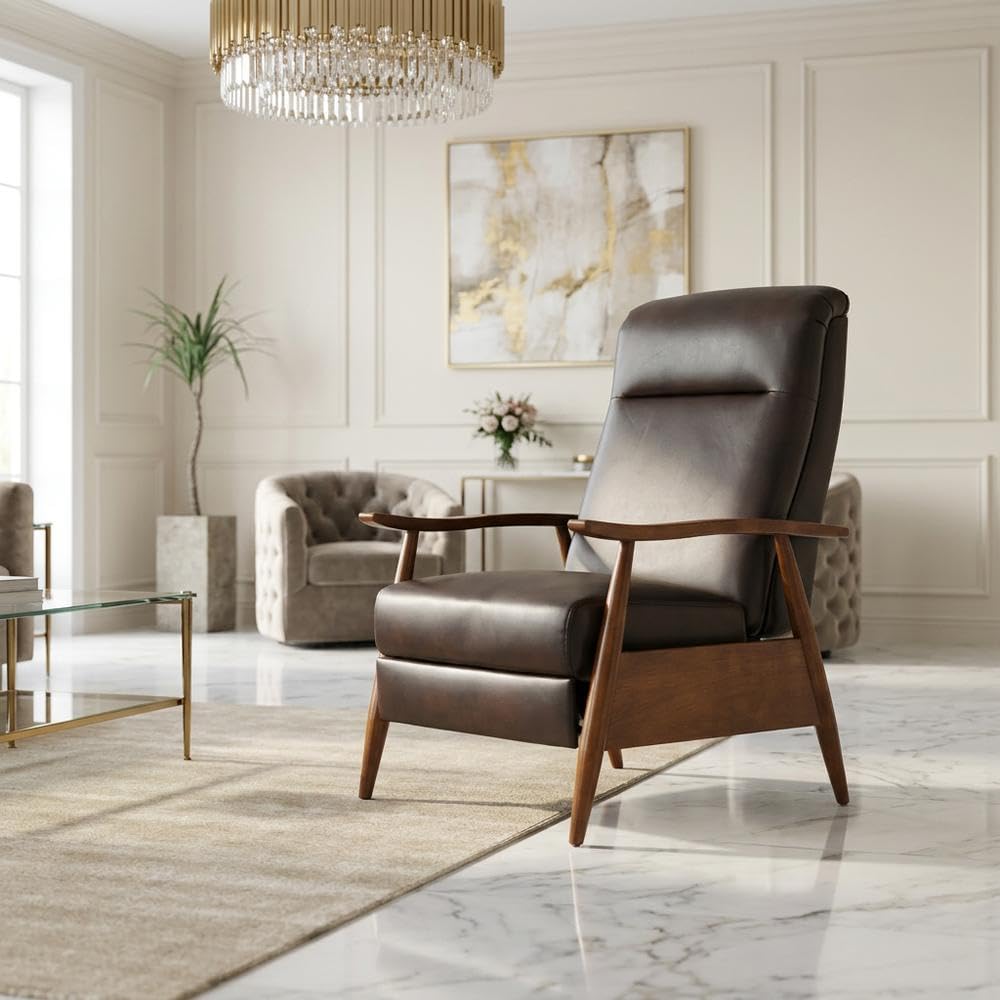 Semi-Leather Recliner Chair with Wood Arms Push-Back by Furnifact – Hardwood and plywood frame construction, Leather Gel, Brown