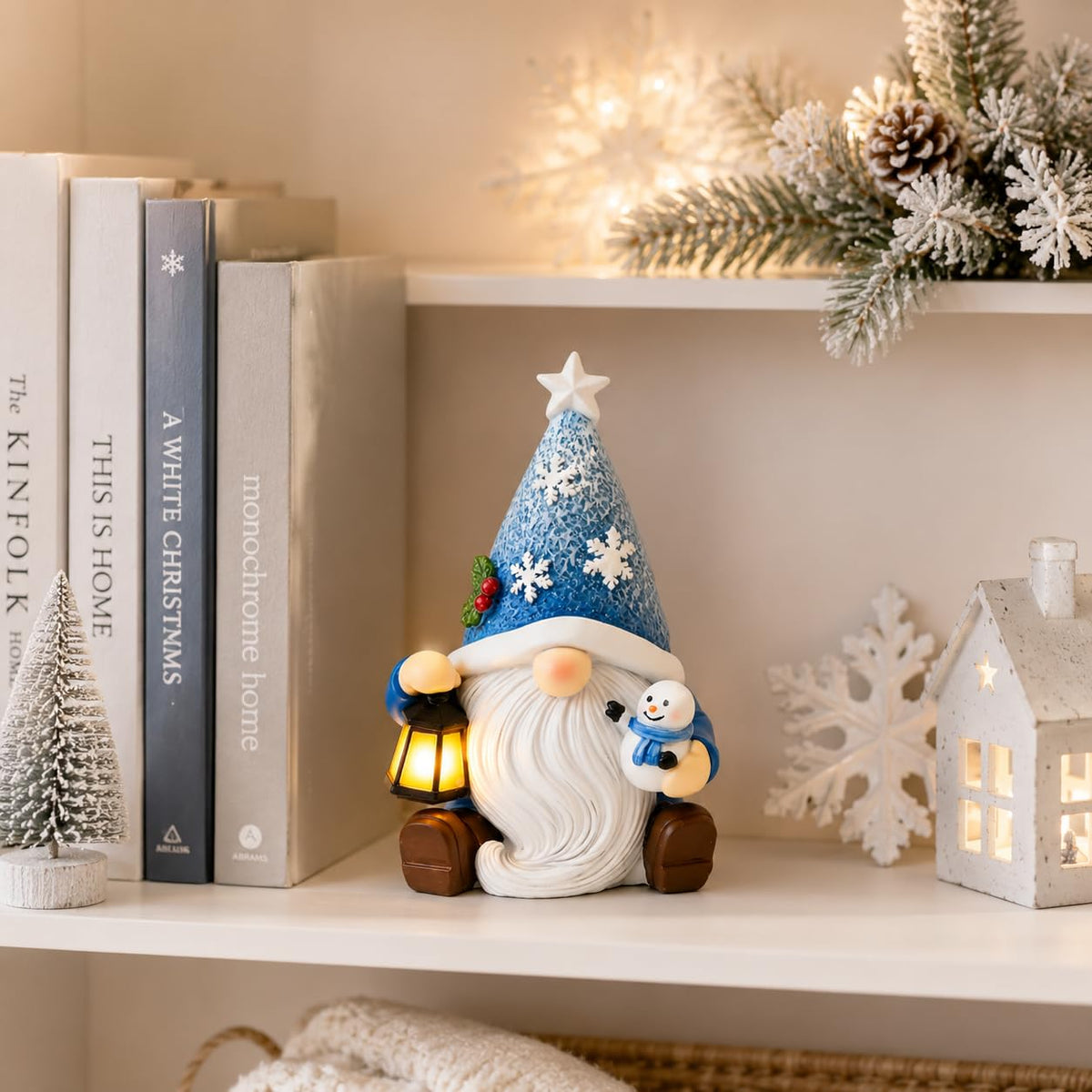 KnomeKo Lighted Christmas Gnome Figurine, Blue Snowman Lantern, 6 Inch
