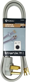 Southwire Replacement Power Cord - Designed for Dryers & Home Appliance Hookups - Flat SRDT Jacket - Flanged Spade Terminals - 10/3 SRDT - 4 Foot - 30 Amp - Gray - 3 Conductor Wall Outlet