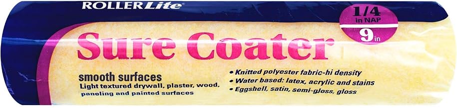 RollerLite 9SC025 Sure Coater High Density Polyester Standard Roller Cover for Smooth Surfaces, 9-Inch x 1/4-Inch NAP