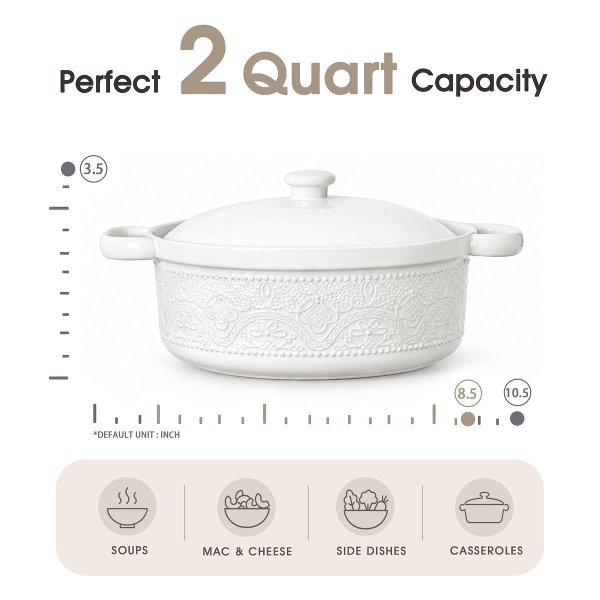 Fun Elements Ceramic Casserole, 2 Quart with Lid, Bright White