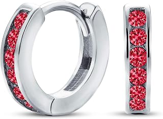 Birthstone Colors CZ Channel Set Huggie Mini Hoop Earrings Sterling Silver