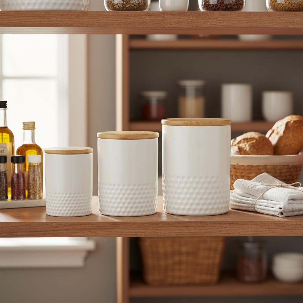 Embossed Ceramic Kitchen Canister Set by 10 Strawberry Street – 3 Piece Set, 72.0 fluid_ounces, Stoneware, Dimpled Matte White, Pack of 3