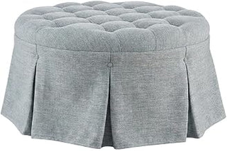 Furnifact Light Blue Skirted Tufted Round Ottoman, Classic Plush Seat for Bedroom, Living Room and Elegant Lounge Settings