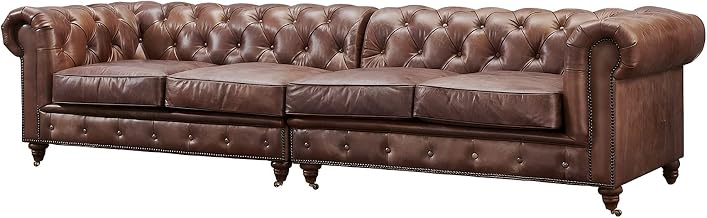 Starlight Canyon Home Leather-Upholstered Chesterfield Sofa with Button-Tufted Solid Wood Frame, Leather Couch for Living Room Seating, Bark Brown
